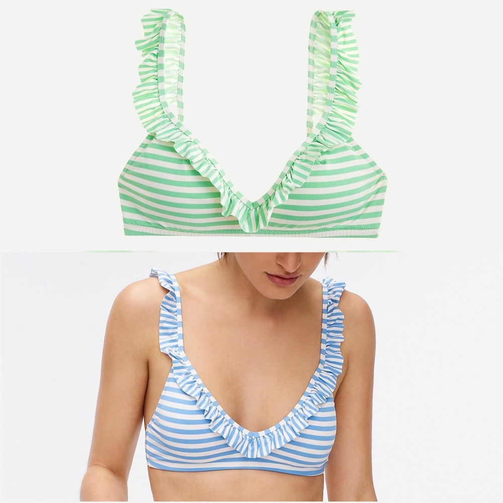 NWT J. Crew Green Stripe Ruffle Trim V-Neck Bikini Top XXL - Picture 2 of 3